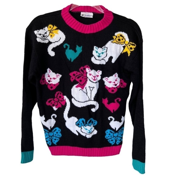 VTG 80s Go Nitty Kitty Bow Kitten Cat Kitsch Novelty Knit Sweater Colorblock USA - Picture 1 of 12